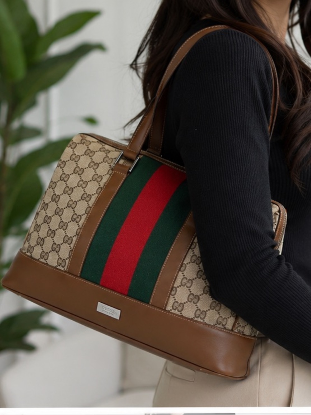 Limited Edition Gucci Canvas Leather Boston Tote Green Red Stripe SHERRY Line